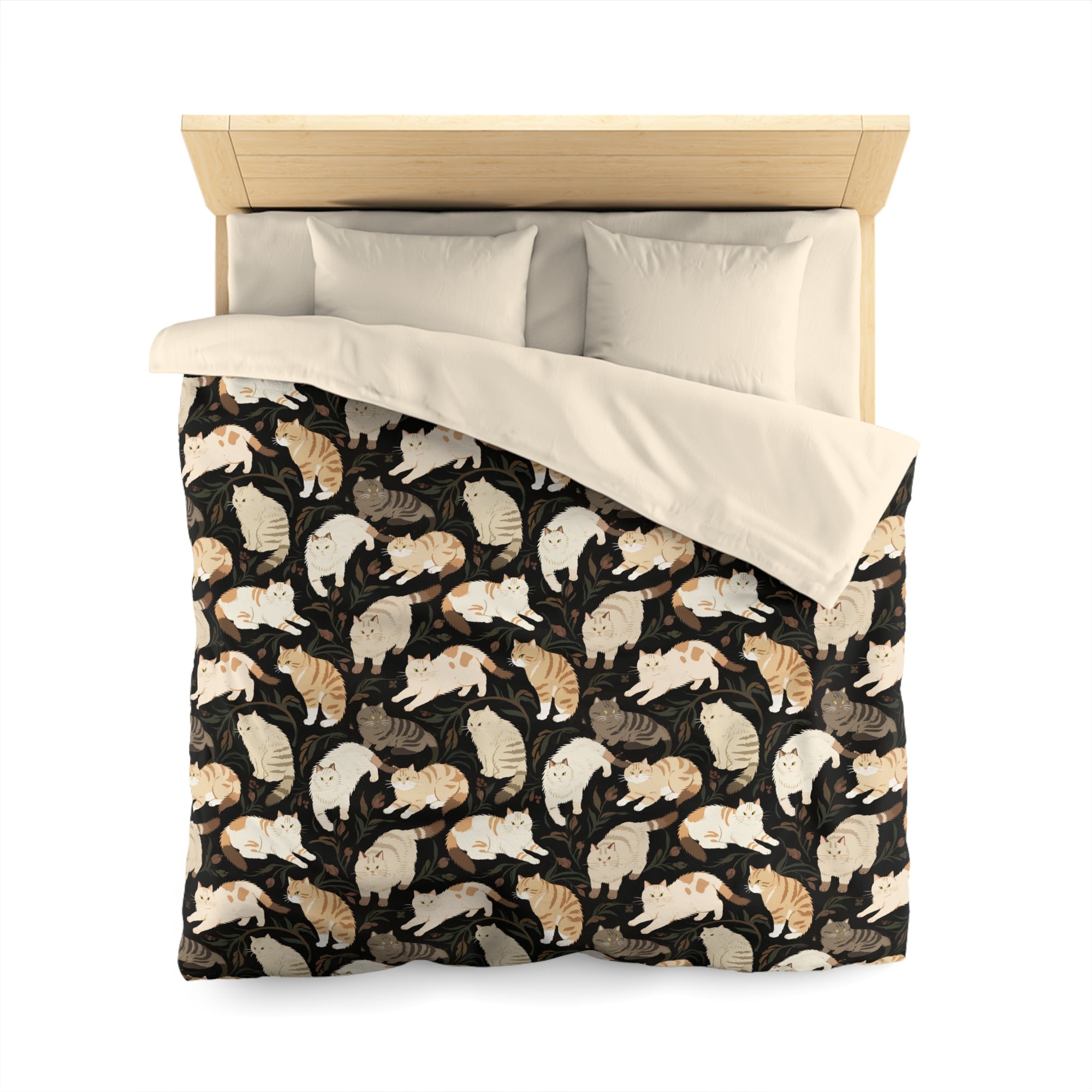 Duvet Cover - Earthy Toned Cats Lounge and Play Amidst Dark Foliage in a Serene and Naturally Inspired Seamless Pattern Design