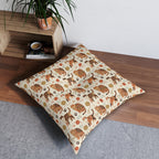 Indoor Square Floor Pillow - Artistic patterned cats in warm earth tones, unique tribal and folk art designs, playful felines with yarn and paw prints, bohemian animal print, cream background, creative cat art