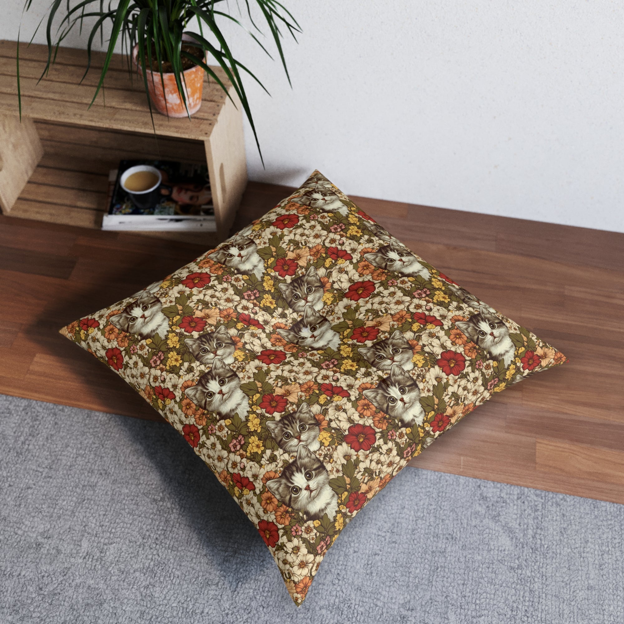 Indoor Square Floor Pillow - Grey Tabby Kittens in a Garden of Red, Peach, and Yellow Flowers, Soft Vintage Style
