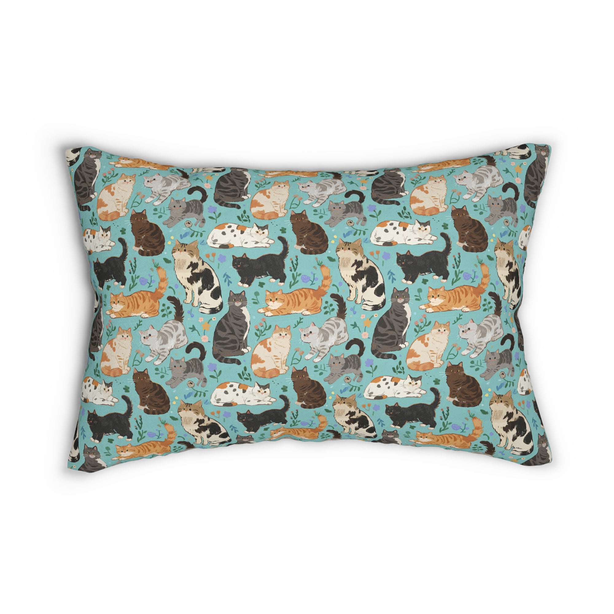 Indoor Lumbar Pillow - A Delightful Assortment of Charming Cats in Diverse Poses and Breeds Scattered Across a Soft Blue Floral Background
