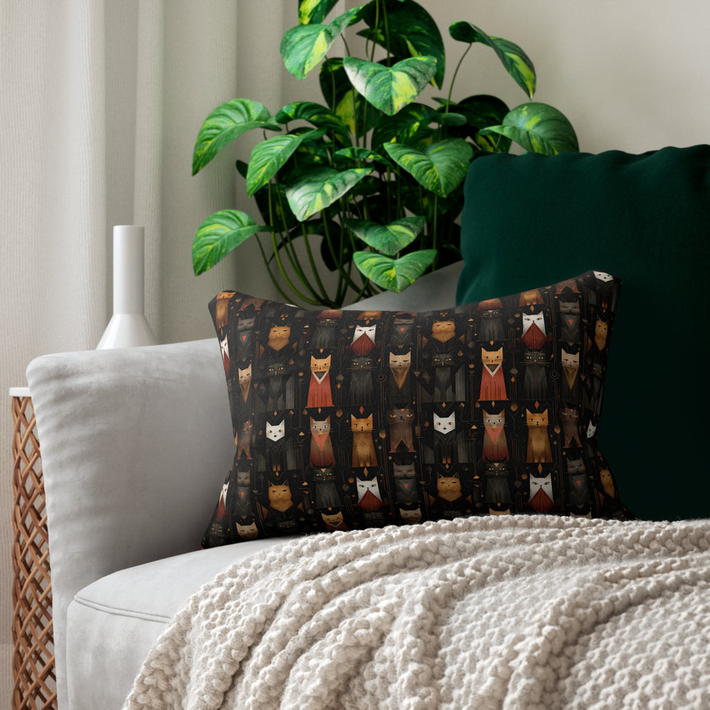 Indoor Lumbar Pillow - A striking and sophisticated Art Deco-style pattern of felines with bold, intricate lines and dramatic geometric shapes, all rendered in a unique gold and gray color palette.