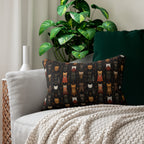 Indoor Lumbar Pillow - A striking and sophisticated Art Deco-style pattern of felines with bold, intricate lines and dramatic geometric shapes, all rendered in a unique gold and gray color palette.