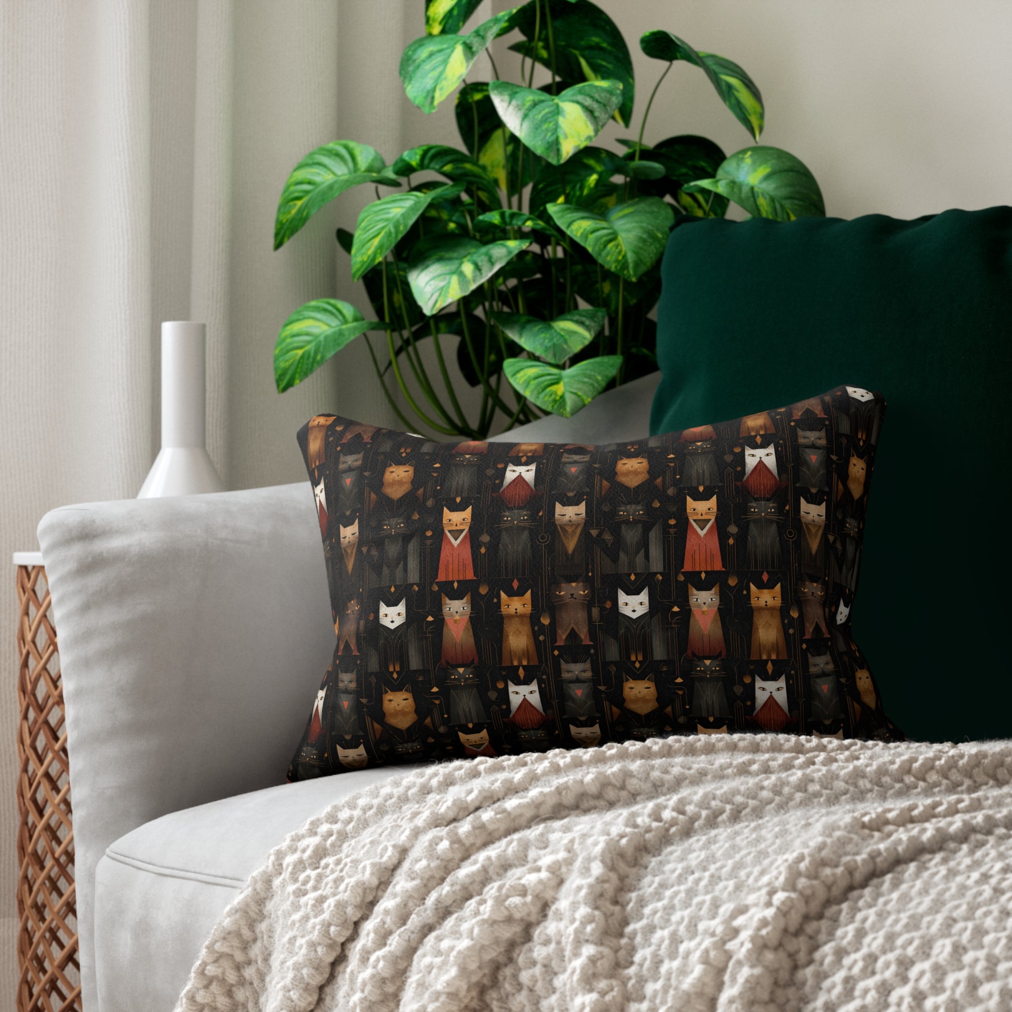 Indoor Lumbar Pillow - A striking and sophisticated Art Deco-style pattern of felines with bold, intricate lines and dramatic geometric shapes, all rendered in a unique gold and gray color palette.