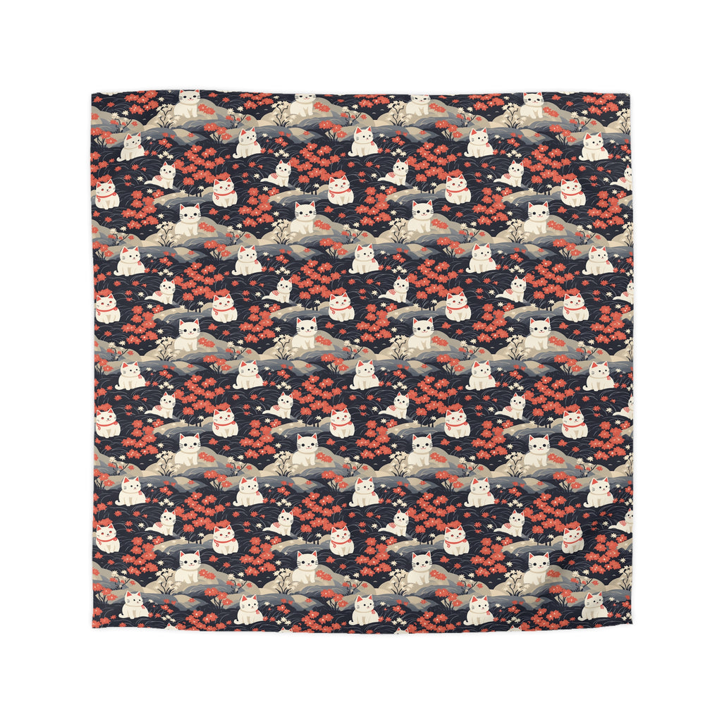 Duvet Cover - A charming, minimalist, Japanese-style illustration of cute white cats sitting amongst vibrant red and white flowers on a dark background.
