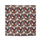 Duvet Cover - A charming, minimalist, Japanese-style illustration of cute white cats sitting amongst vibrant red and white flowers on a dark background.
