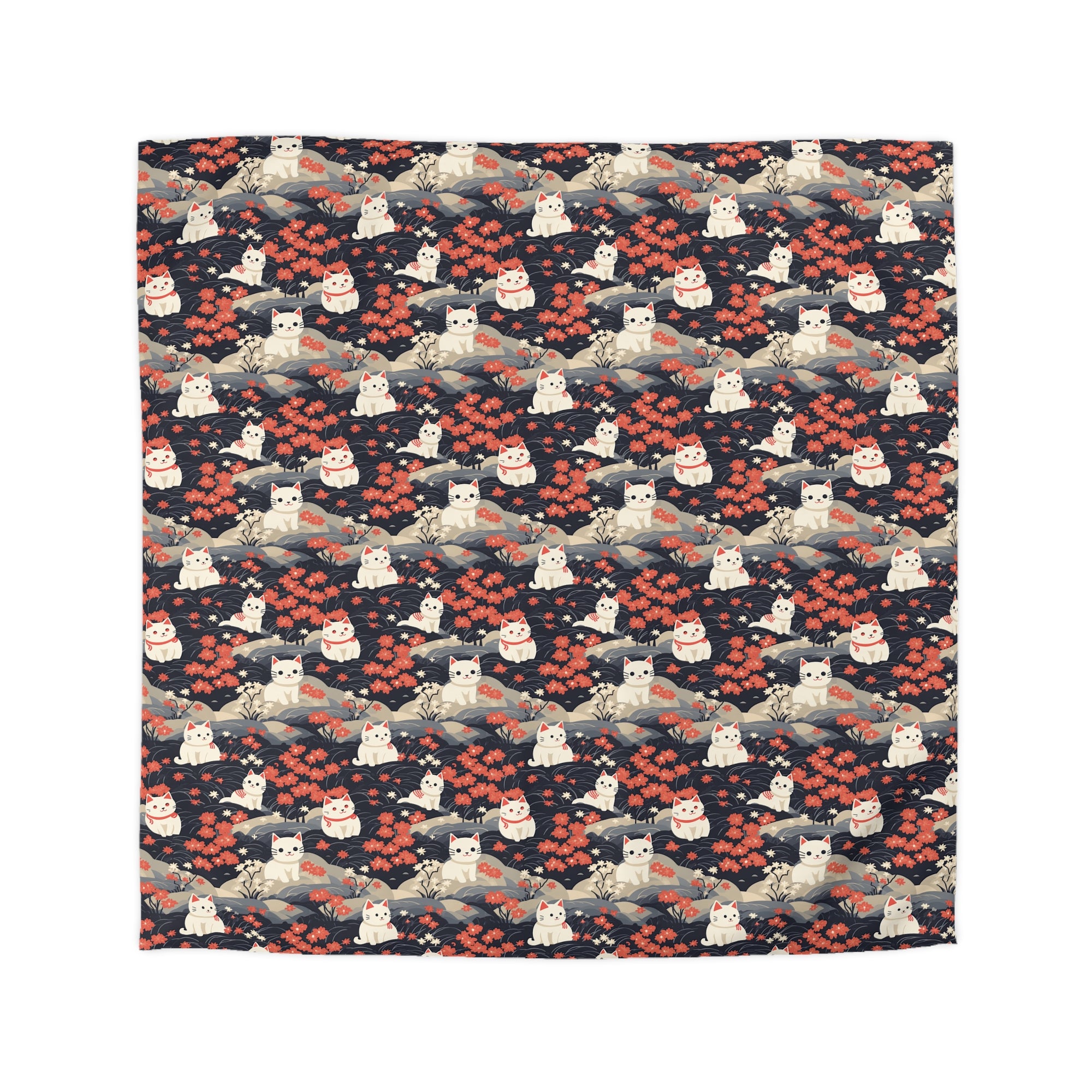Duvet Cover - A charming, minimalist, Japanese-style illustration of cute white cats sitting amongst vibrant red and white flowers on a dark background.