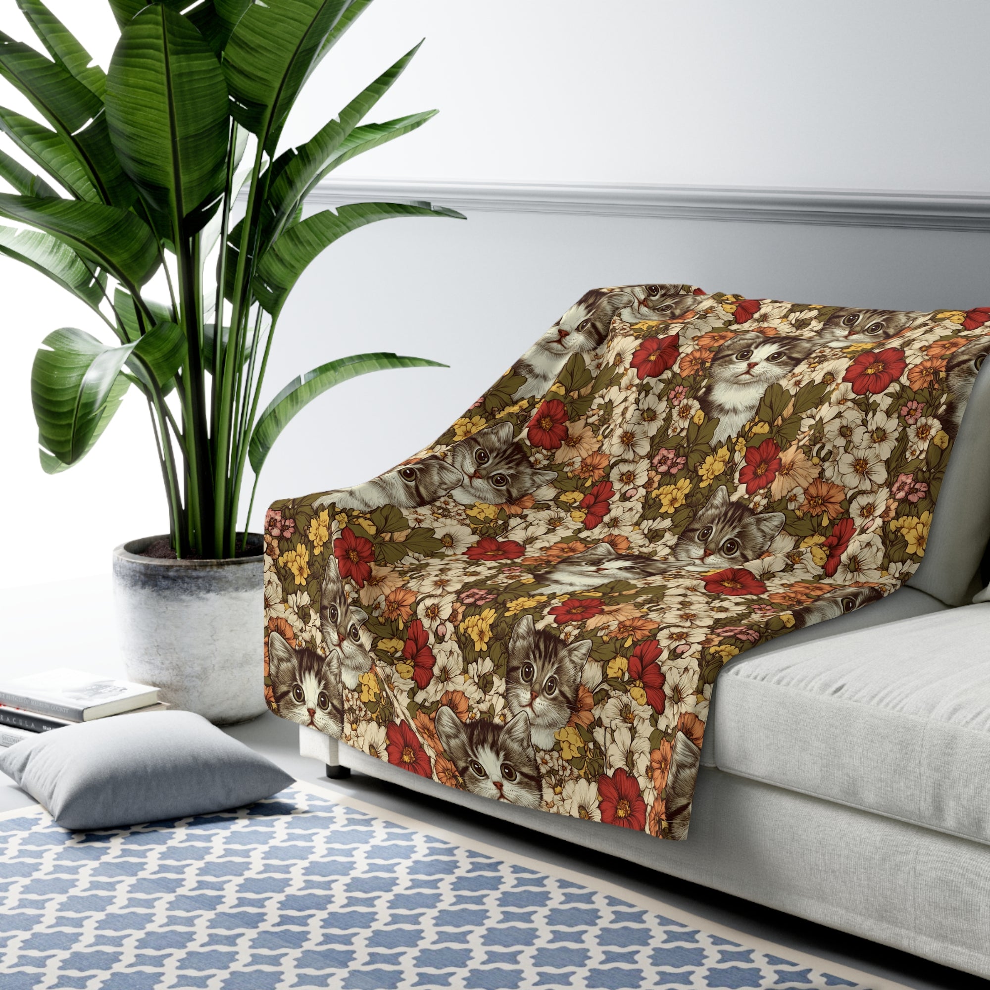 Sherpa Blanket - Grey Tabby Kittens in a Garden of Red, Peach, and Yellow Flowers, Soft Vintage Style