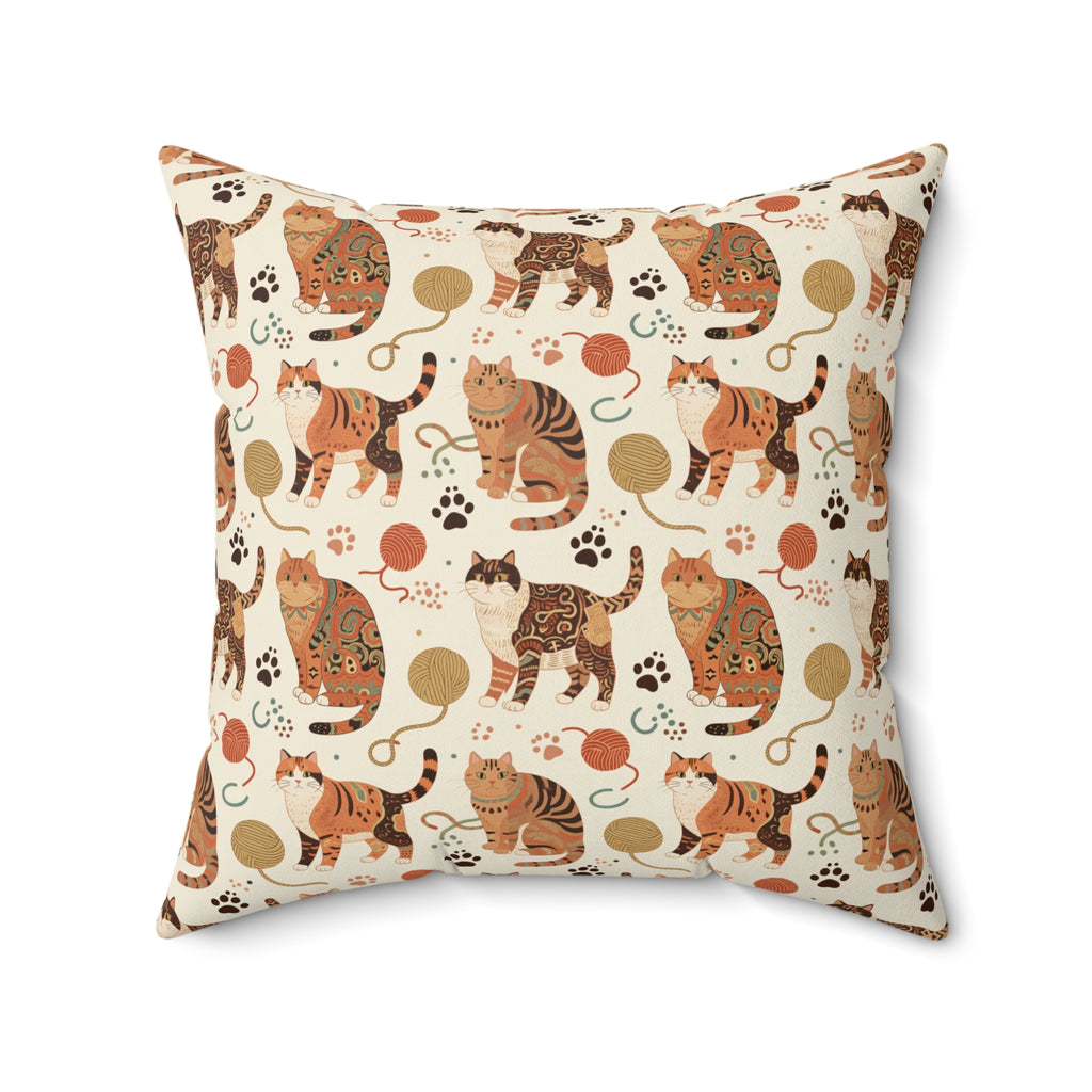 Indoor Square Pillow - Artistic patterned cats in warm earth tones, unique tribal and folk art designs, playful felines with yarn and paw prints, bohemian animal print, cream background, creative cat art