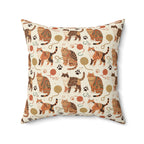 Indoor Square Pillow - Artistic patterned cats in warm earth tones, unique tribal and folk art designs, playful felines with yarn and paw prints, bohemian animal print, cream background, creative cat art