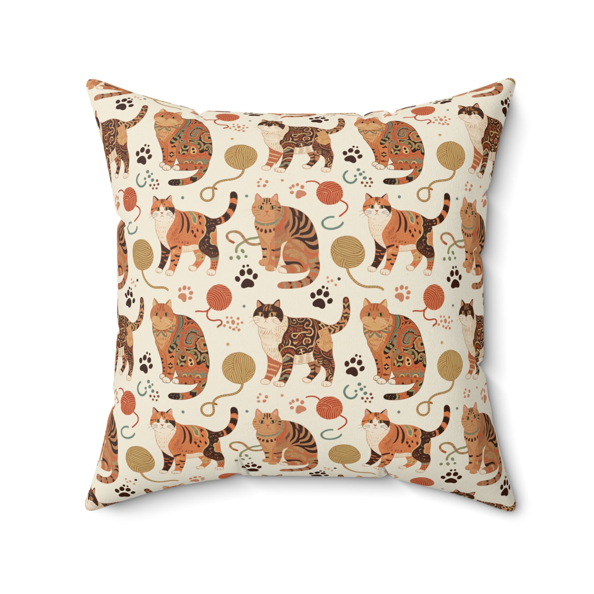 Indoor Square Pillow - Artistic patterned cats in warm earth tones, unique tribal and folk art designs, playful felines with yarn and paw prints, bohemian animal print, cream background, creative cat art