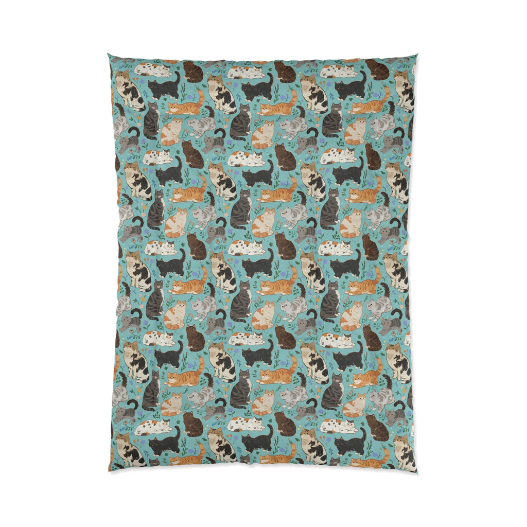 Comforter - A Delightful Assortment of Charming Cats in Diverse Poses and Breeds Scattered Across a Soft Blue Floral Background