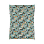 Comforter - A Delightful Assortment of Charming Cats in Diverse Poses and Breeds Scattered Across a Soft Blue Floral Background