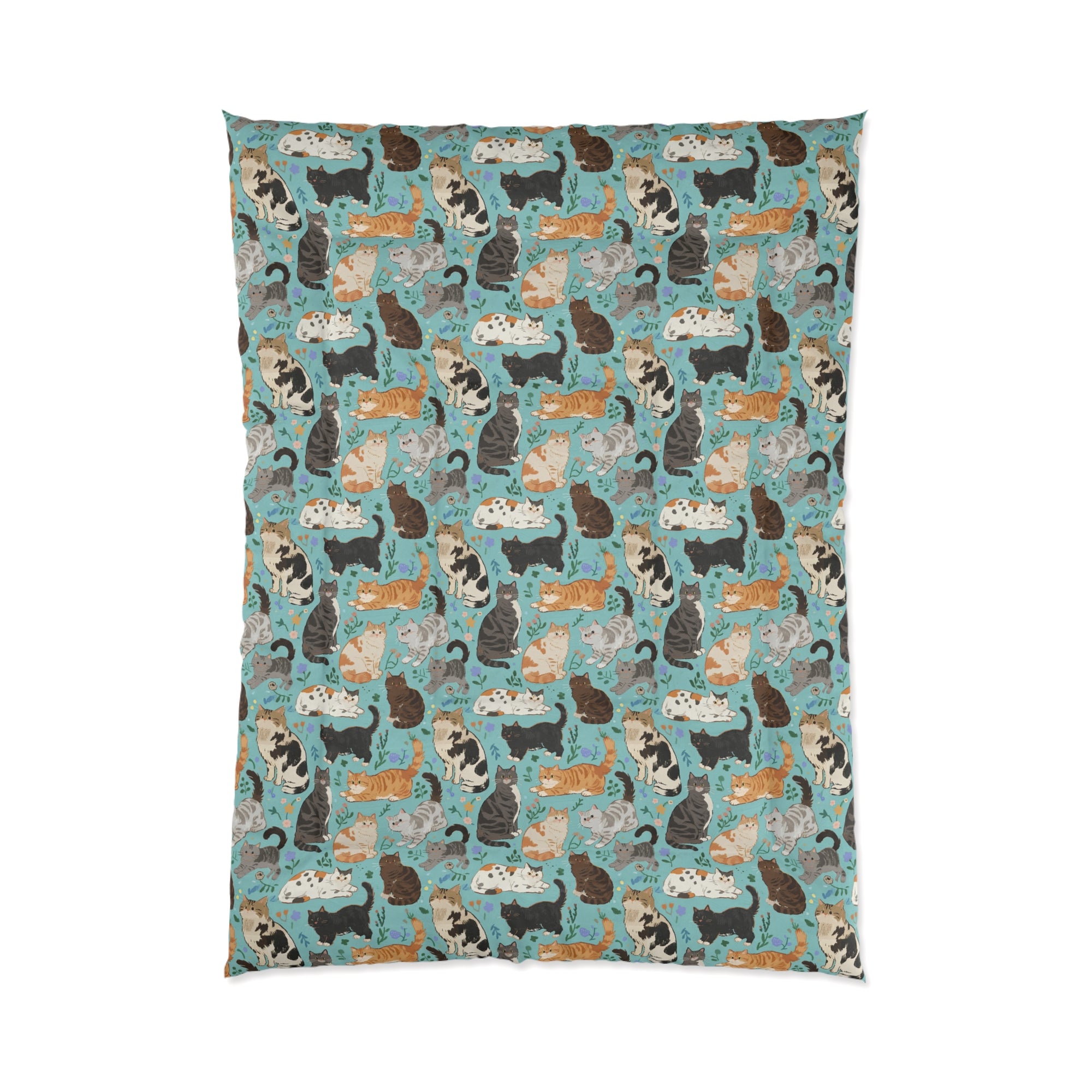 Comforter - A Delightful Assortment of Charming Cats in Diverse Poses and Breeds Scattered Across a Soft Blue Floral Background