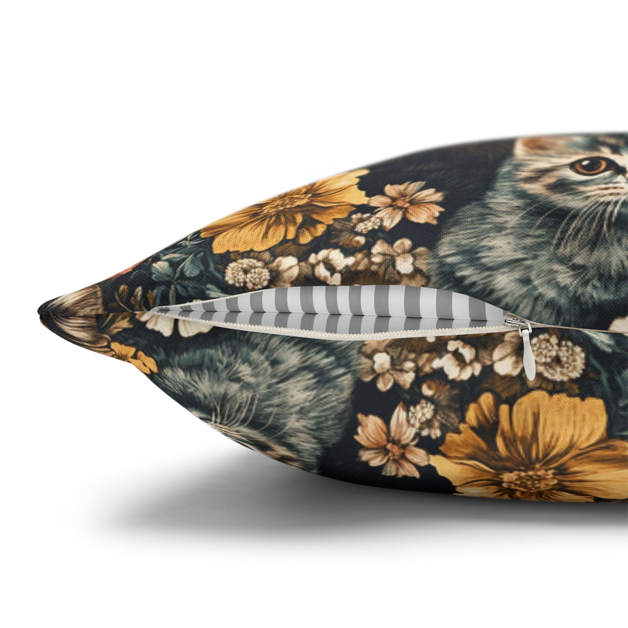 Square Pillowcase - Grey Tabby Kittens Among Yellow and Peach Flowers, Moody Vintage Botanical Illustration