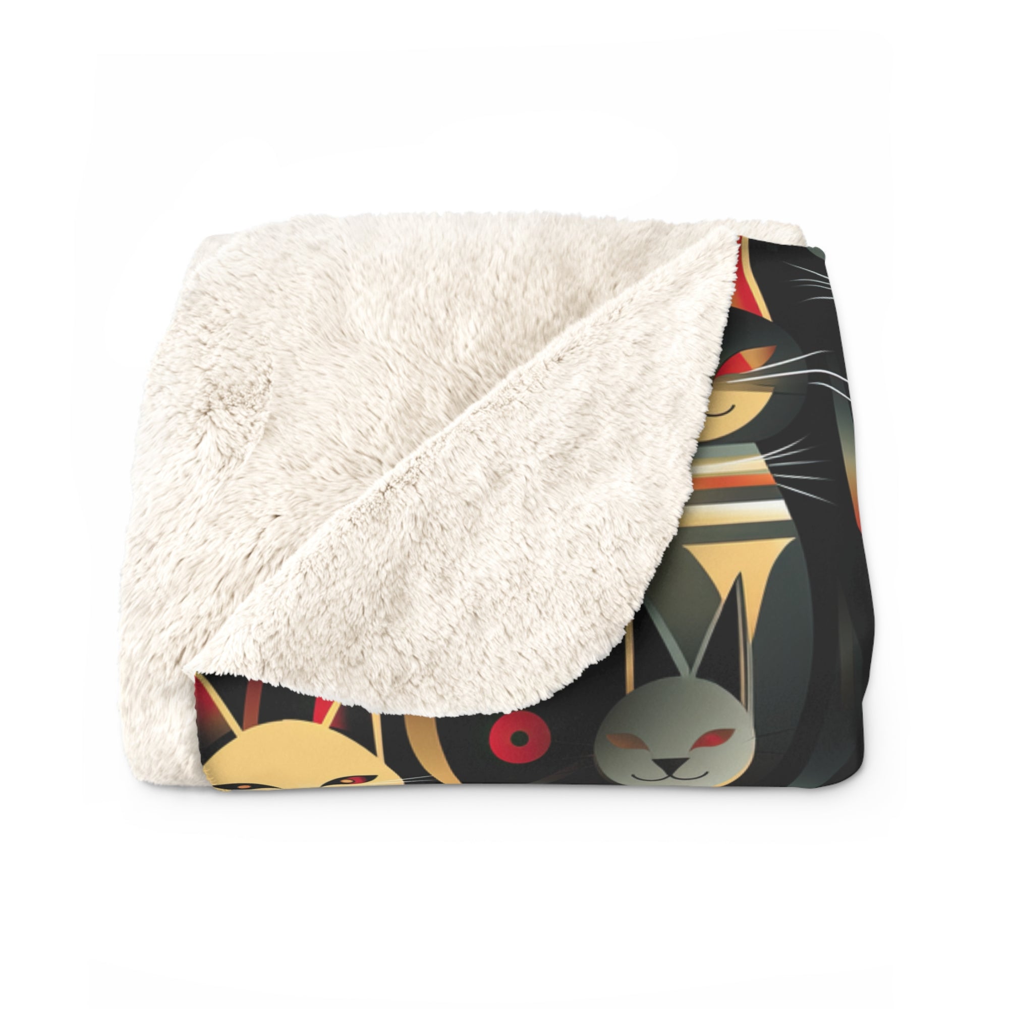 Sherpa Blanket - A bold and striking Art Deco pattern showcasing stylized feline portraits with sharp, gold lines and geometric shapes set against a dark, dramatic background.