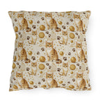 Outdoor Pillow - Adorable ginger cat with bright green eyes, sparkling gold yarn and paw prints, classic tabby cat illustration, cream background, cute and charming pet themed art