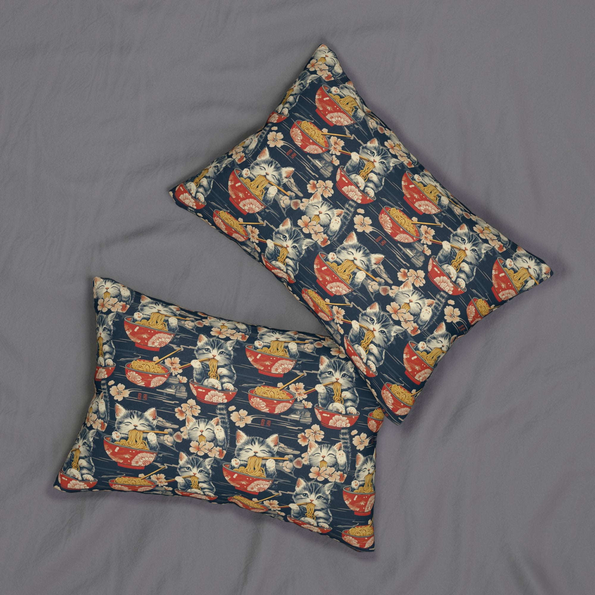 Indoor Lumbar Pillow - A charming and detailed illustration of happy kittens in red ramen bowls eating their noodles with chopsticks among beautiful pink cherry blossoms on a dark background.