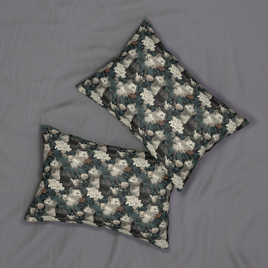 Indoor Lumbar Pillow - Grey and White Kittens with Creamy White Flowers and Dark Green Foliage, Elegant Vintage Vibe