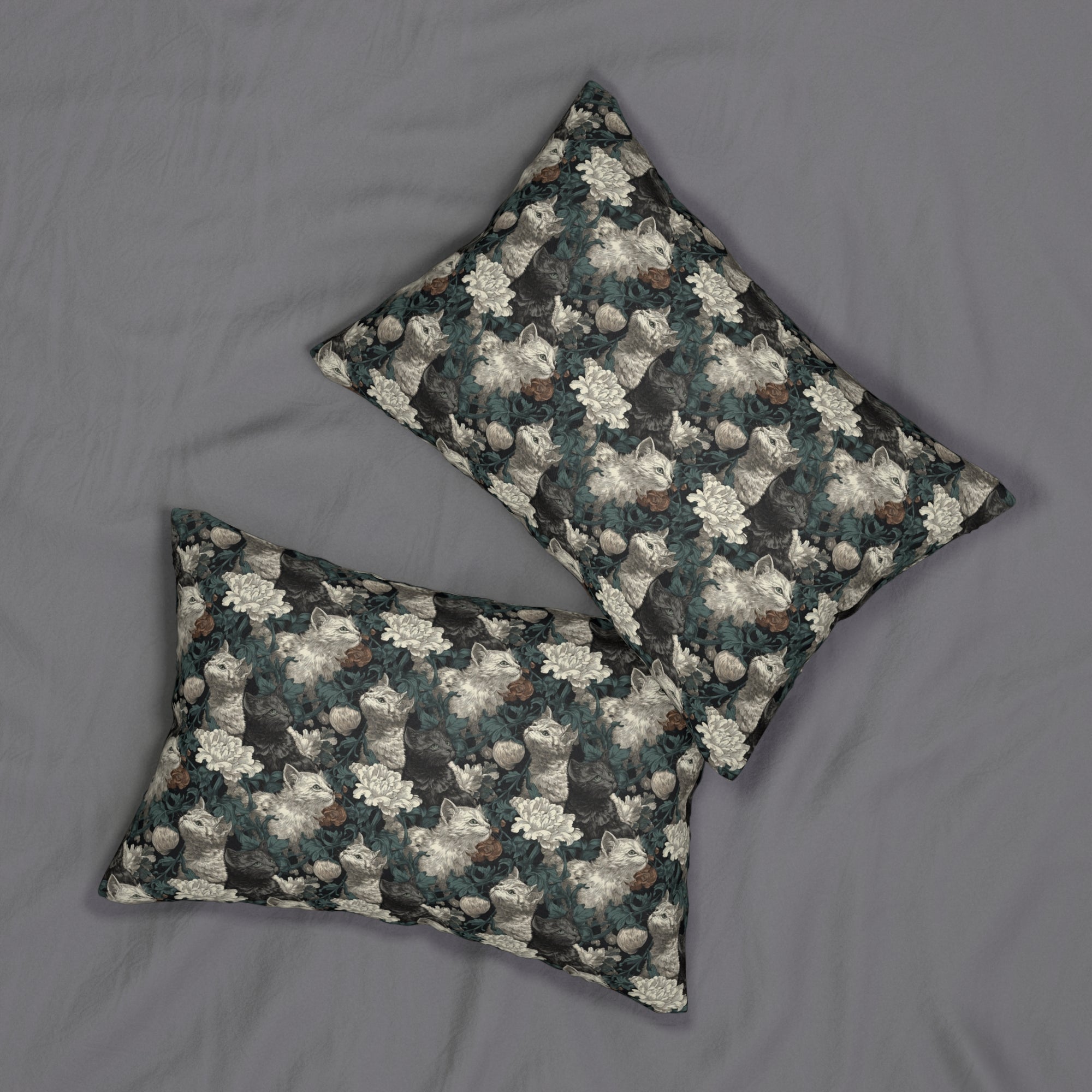 Indoor Lumbar Pillow - Grey and White Kittens with Creamy White Flowers and Dark Green Foliage, Elegant Vintage Vibe