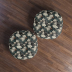 Indoor Round Floor Pillow - Grey and White Kittens with Creamy White Flowers and Dark Green Foliage, Elegant Vintage Vibe