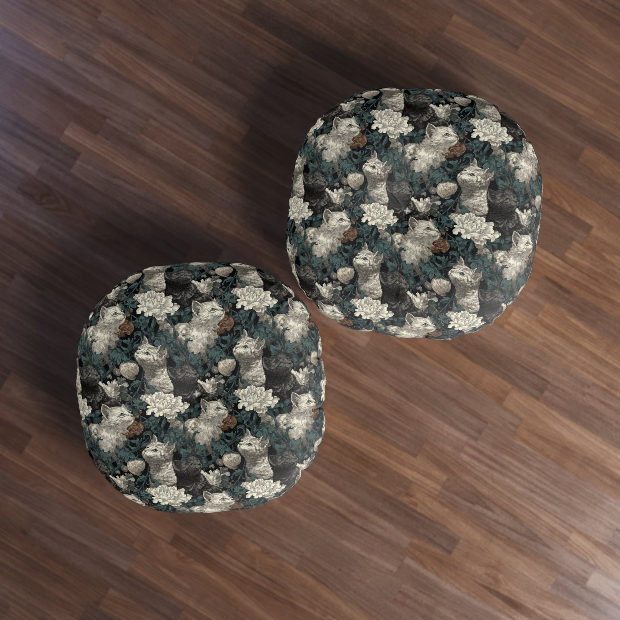 Indoor Round Floor Pillow - Grey and White Kittens with Creamy White Flowers and Dark Green Foliage, Elegant Vintage Vibe