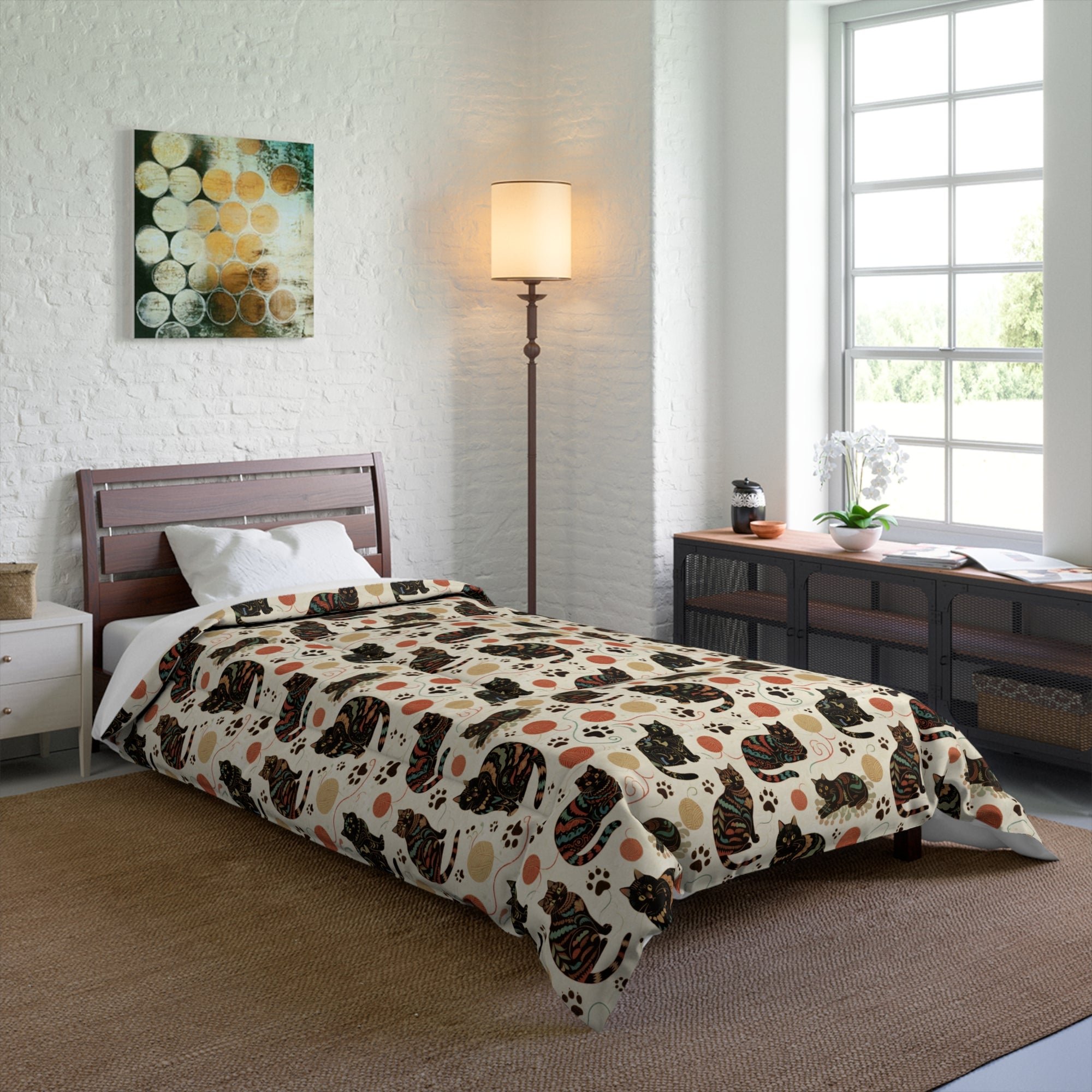 Comforter - Intricate tribal patterned black cats, colorful folk art style, playful felines with yarn balls and paw prints, artistic and bohemian cat design, cream background, unique animal print
