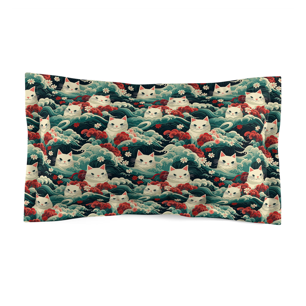 Pillow Sham - A dramatic and powerful Japanese woodblock print-style illustration of cats amidst powerful waves, red flowers, and white cherry blossoms.
