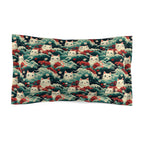 Pillow Sham - A dramatic and powerful Japanese woodblock print-style illustration of cats amidst powerful waves, red flowers, and white cherry blossoms.