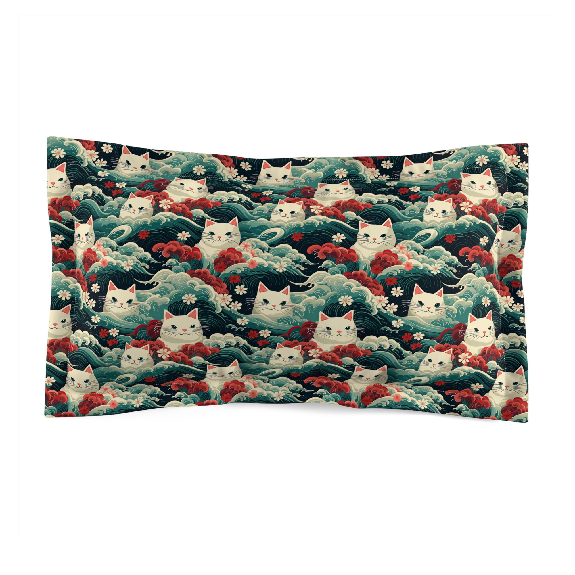 Pillow Sham - A dramatic and powerful Japanese woodblock print-style illustration of cats amidst powerful waves, red flowers, and white cherry blossoms.