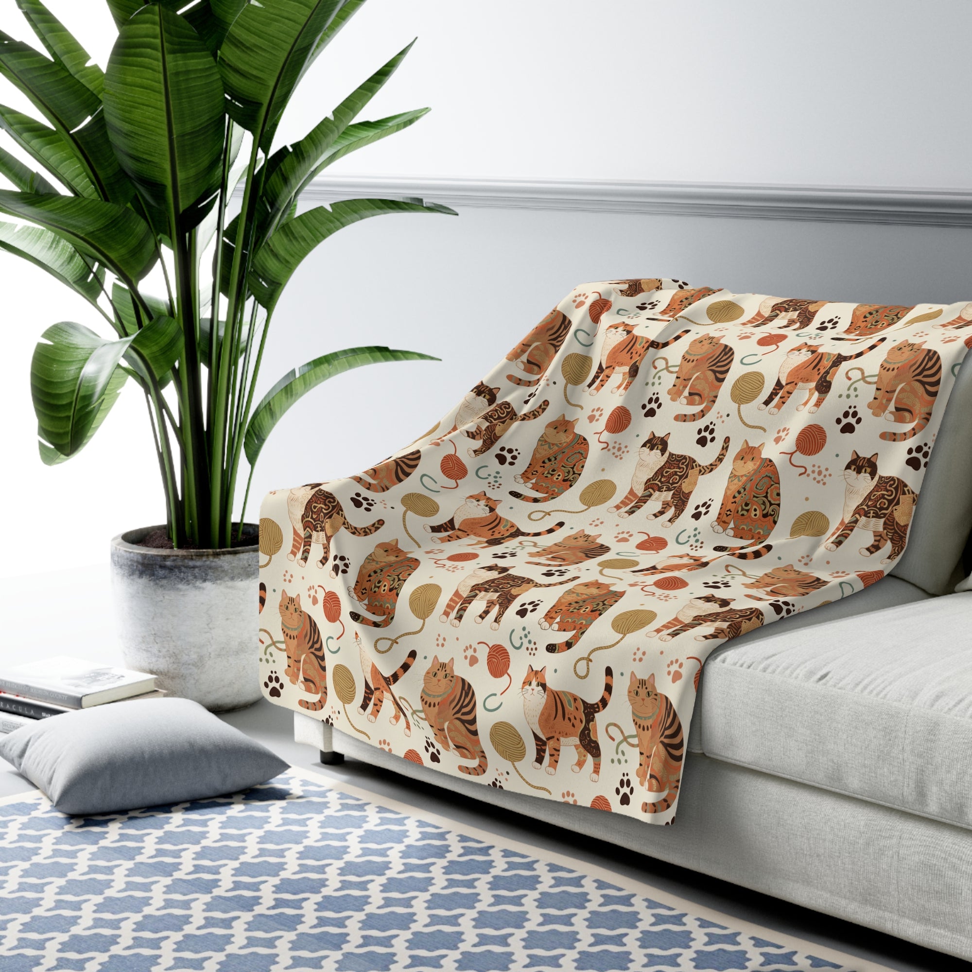 Sherpa Blanket - Artistic patterned cats in warm earth tones, unique tribal and folk art designs, playful felines with yarn and paw prints, bohemian animal print, cream background, creative cat art
