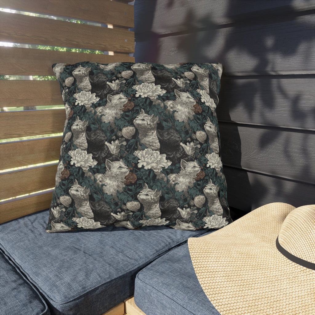 Outdoor Pillow - Grey and White Kittens with Creamy White Flowers and Dark Green Foliage, Elegant Vintage Vibe