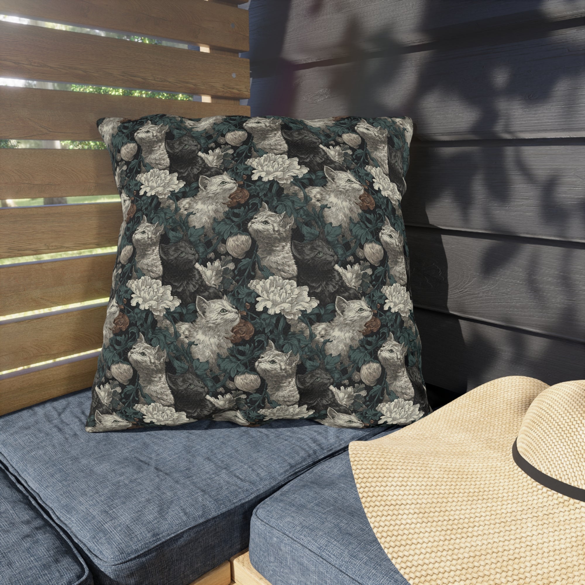 Outdoor Pillow - Grey and White Kittens with Creamy White Flowers and Dark Green Foliage, Elegant Vintage Vibe