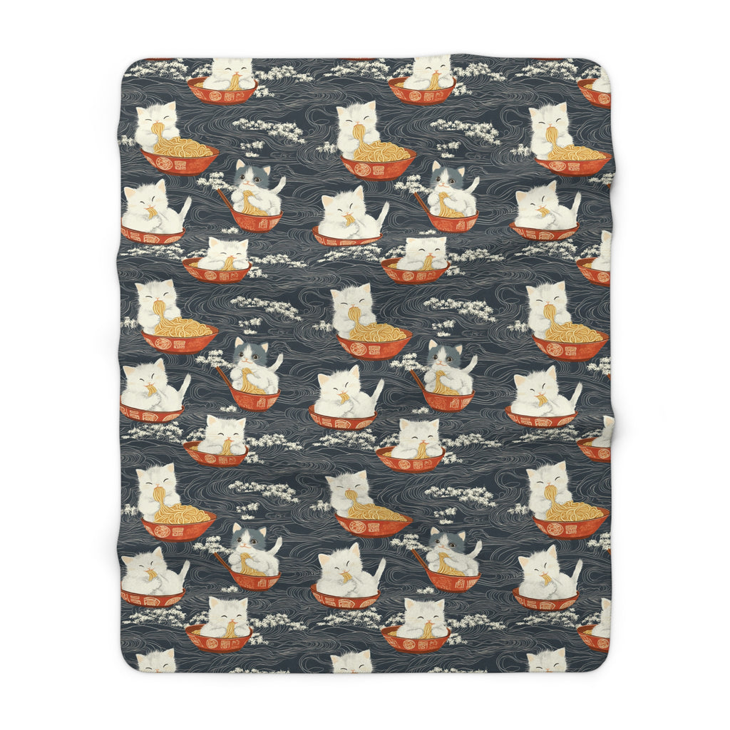 Sherpa Blanket - An adorable and cute pattern of baby cats happily eating steaming ramen noodles from traditional red and white bowls with beautiful white floral elements surrounding them.