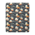 Sherpa Blanket - An adorable and cute pattern of baby cats happily eating steaming ramen noodles from traditional red and white bowls with beautiful white floral elements surrounding them.