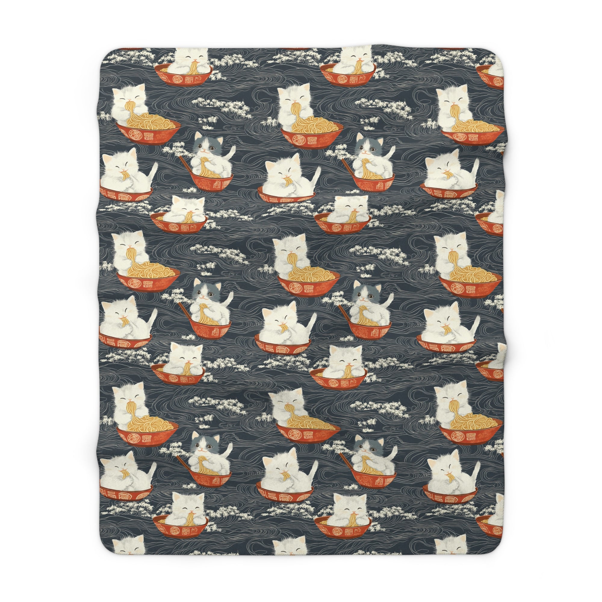 Sherpa Blanket - An adorable and cute pattern of baby cats happily eating steaming ramen noodles from traditional red and white bowls with beautiful white floral elements surrounding them.