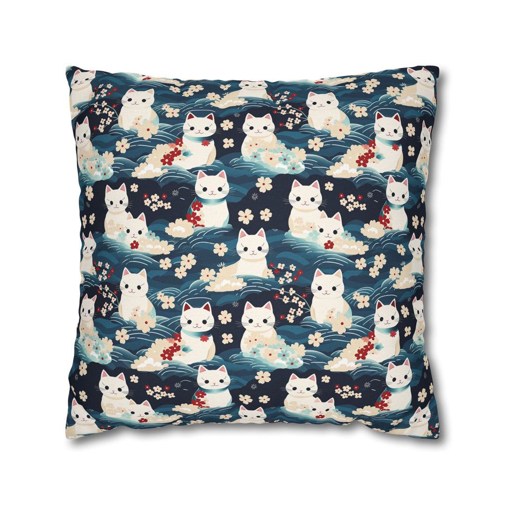 Square Pillowcase - A lovely, playful, Japanese-inspired illustration of sweet white cats sitting on rolling blue waves with red and white flowers and gentle clouds.