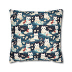 Square Pillowcase - A lovely, playful, Japanese-inspired illustration of sweet white cats sitting on rolling blue waves with red and white flowers and gentle clouds.