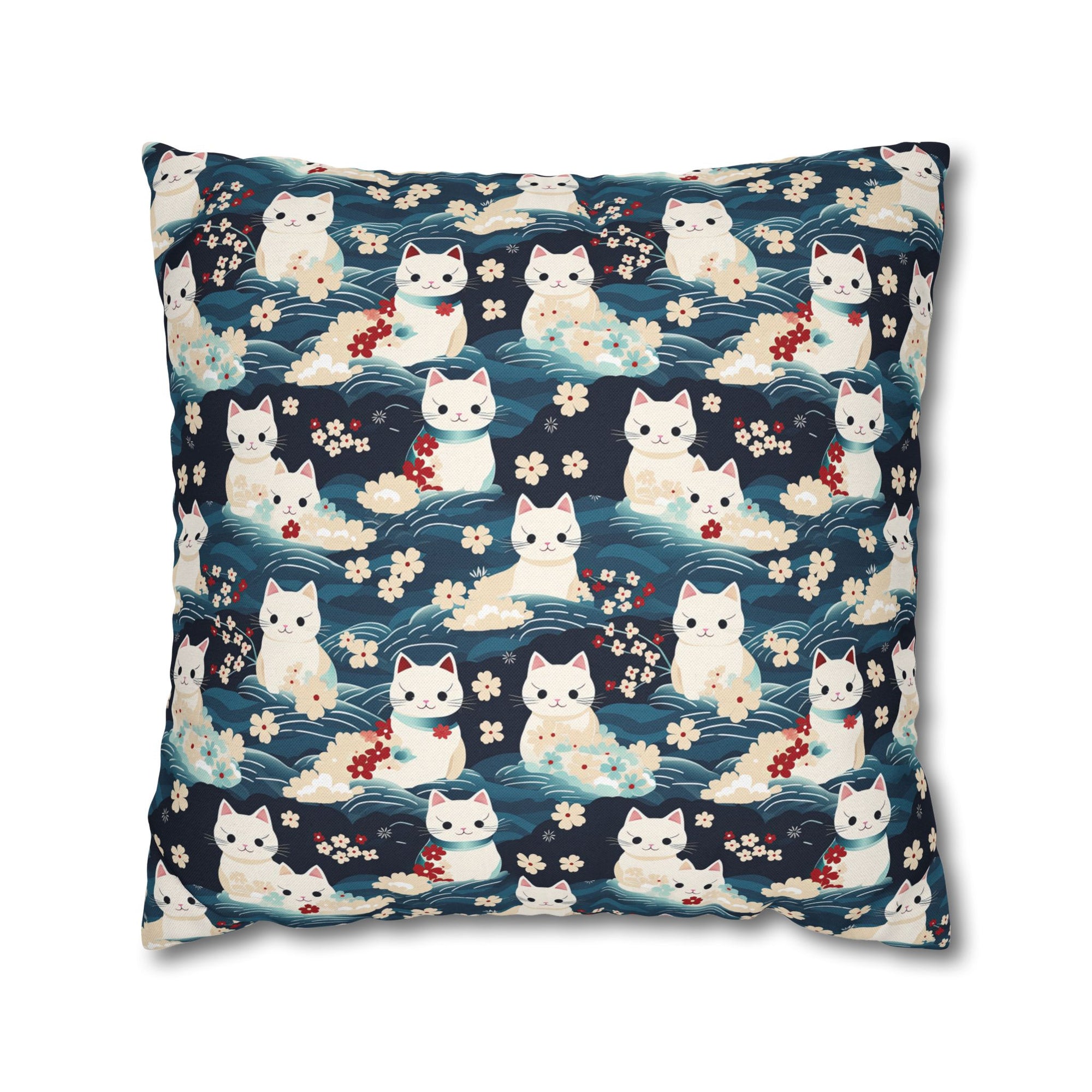 Square Pillowcase - A lovely, playful, Japanese-inspired illustration of sweet white cats sitting on rolling blue waves with red and white flowers and gentle clouds.