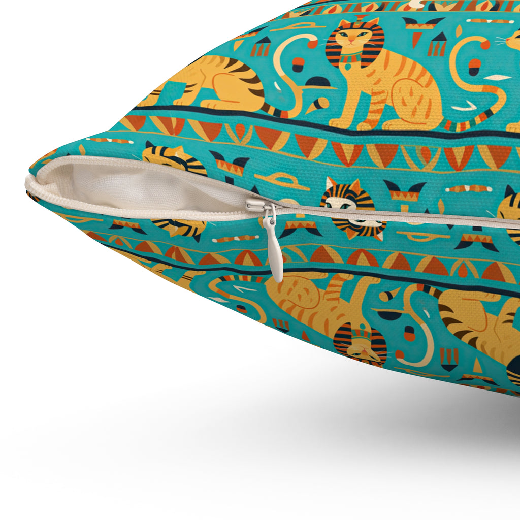 Indoor Square Pillow - Horizontal Stripes of Golden Egyptian Cats and Intricate Hieroglyphs Form a Repeating and Historically Themed Border Pattern