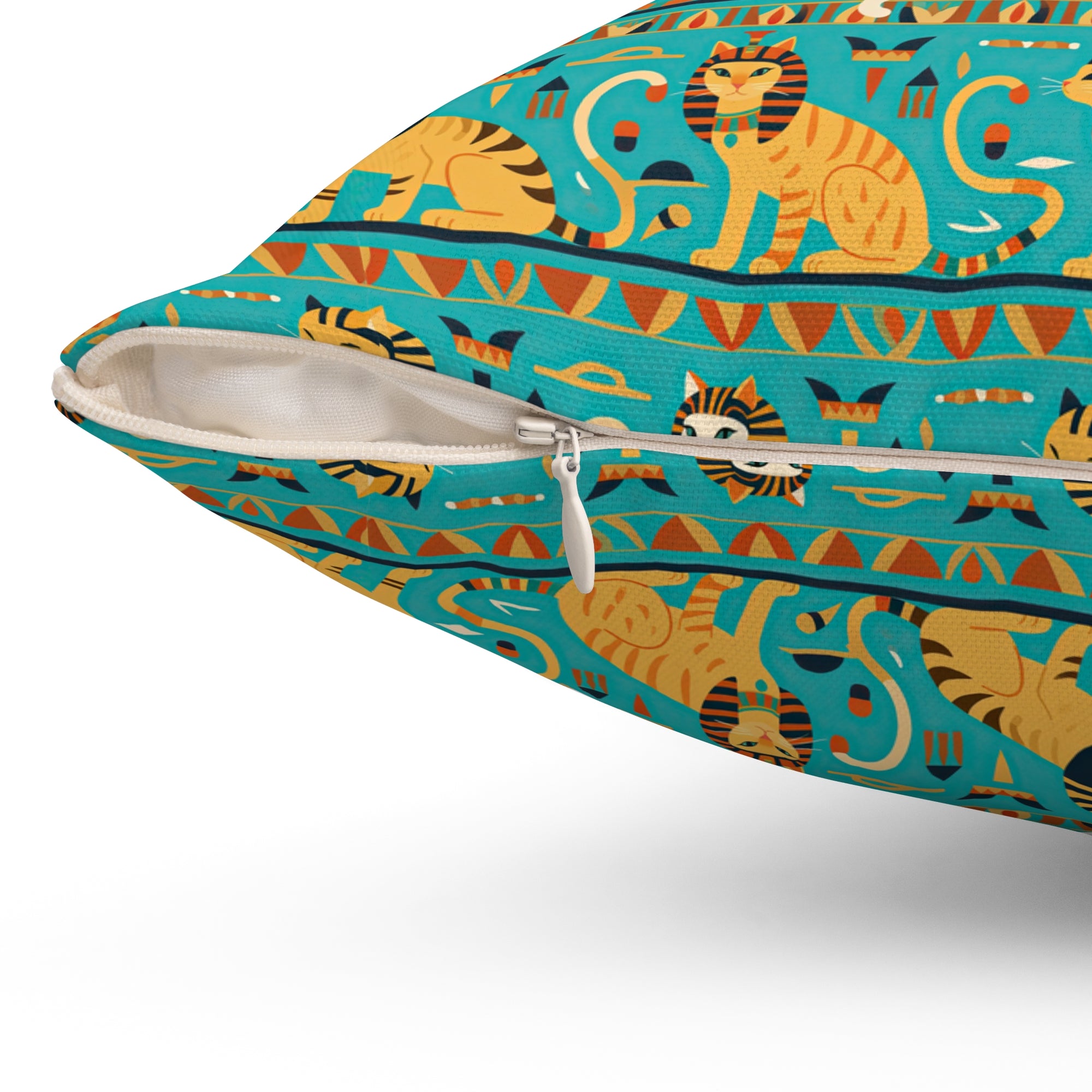 Indoor Square Pillow - Horizontal Stripes of Golden Egyptian Cats and Intricate Hieroglyphs Form a Repeating and Historically Themed Border Pattern