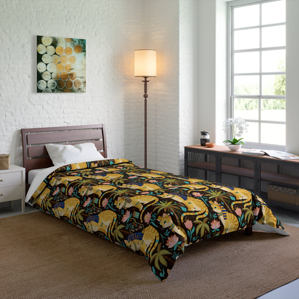 Comforter - Golden Egyptian Cats with Pharaonic Headpieces Amidst Lush Palms and Lotus Flowers in an Exotic and Vibrant Scene