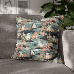 Square Pillowcase - A serene watercolor painting of fluffy cats lounging on rocks, surrounded by cherry blossoms and blue water, in a tranquil, nature-filled, Japanese-inspired landscape.