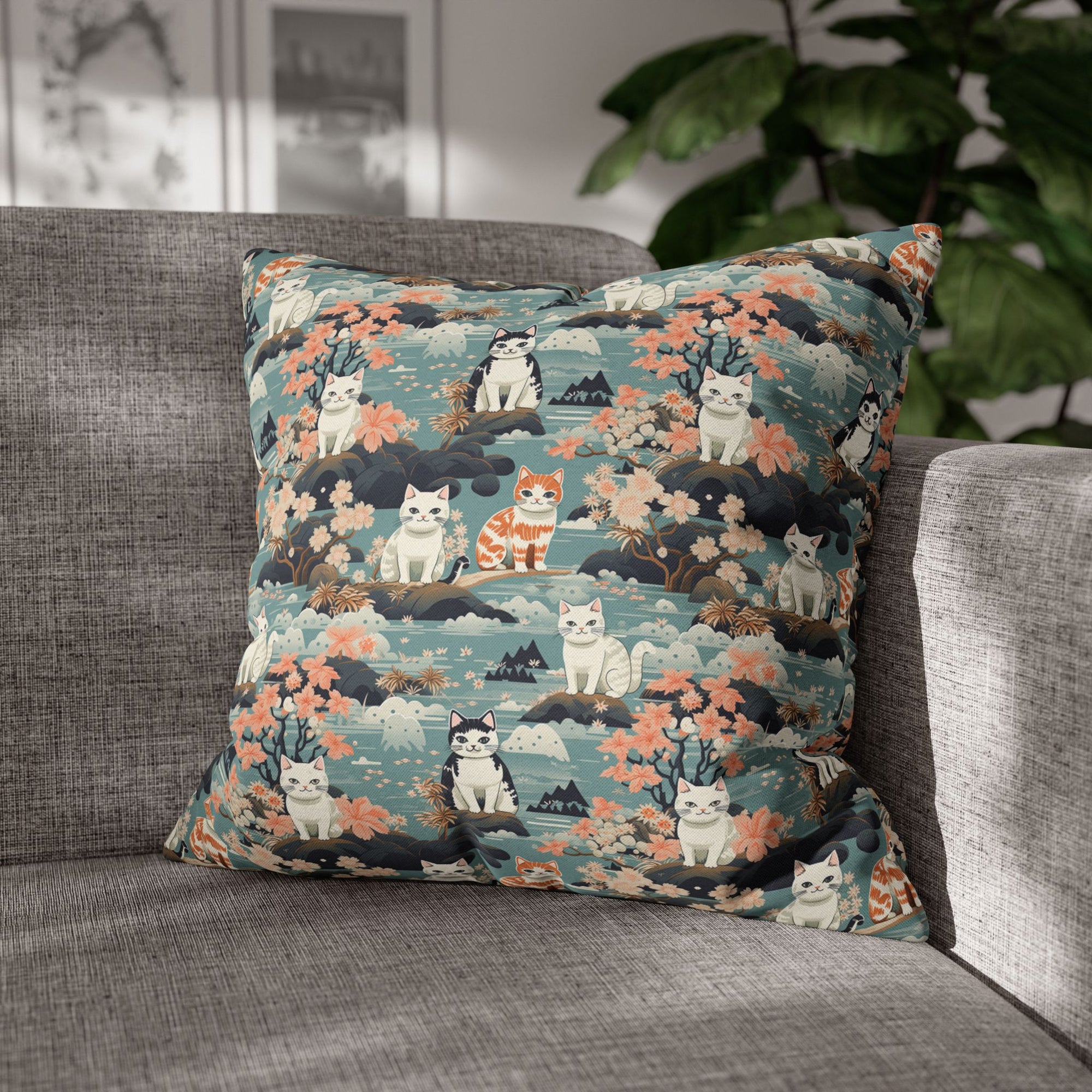 Square Pillowcase - A serene watercolor painting of fluffy cats lounging on rocks, surrounded by cherry blossoms and blue water, in a tranquil, nature-filled, Japanese-inspired landscape.