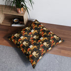 Indoor Square Floor Pillow - A dark and fantastical illustrative painting of many different cats and plants, creating a dense, mysterious, and golden jungle or forest scene.