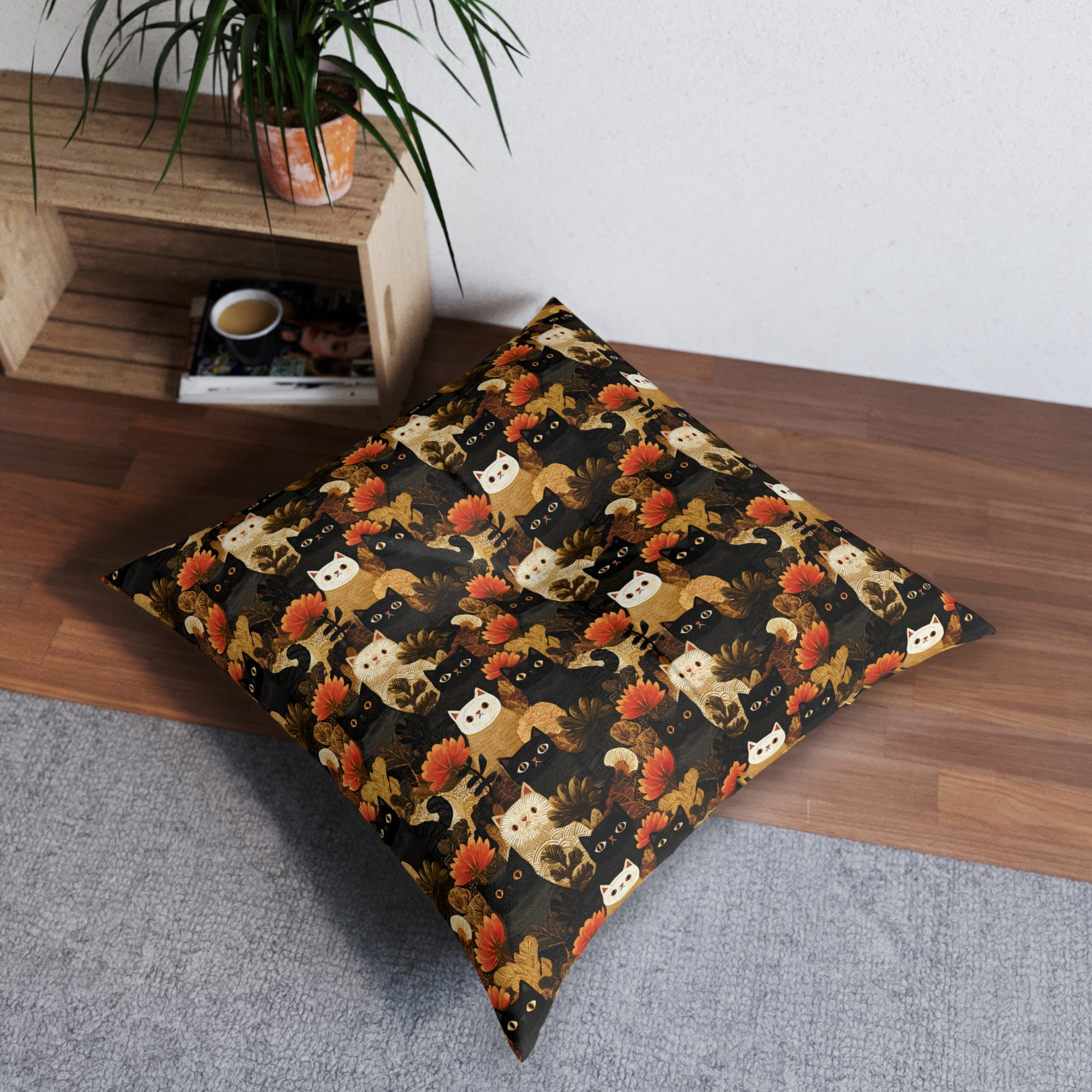 Indoor Square Floor Pillow - A dark and fantastical illustrative painting of many different cats and plants, creating a dense, mysterious, and golden jungle or forest scene.