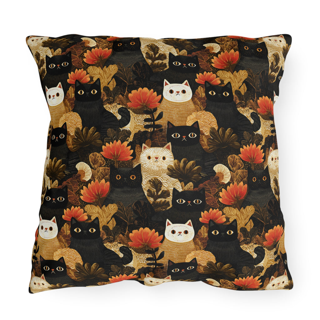 Outdoor Pillow - A dark and fantastical illustrative painting of many different cats and plants, creating a dense, mysterious, and golden jungle or forest scene.