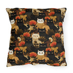 Outdoor Pillow - A dark and fantastical illustrative painting of many different cats and plants, creating a dense, mysterious, and golden jungle or forest scene.