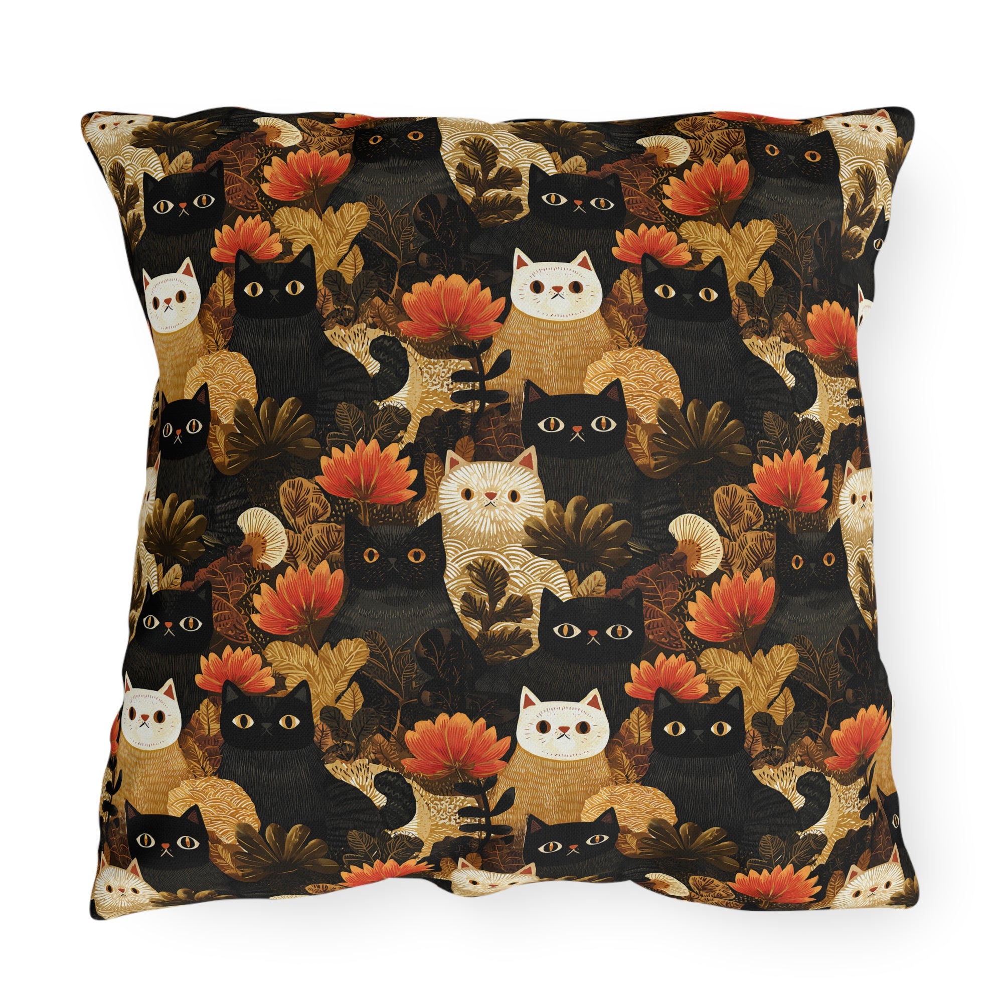 Outdoor Pillow - A dark and fantastical illustrative painting of many different cats and plants, creating a dense, mysterious, and golden jungle or forest scene.