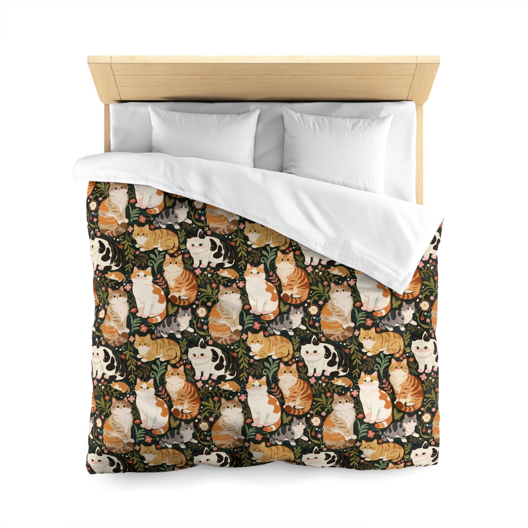 Duvet Cover - Whimsical cat and kitten garden party, various cat breeds amidst green foliage and pink flowers, charming animal illustration, dark forest green background, playful and natural art