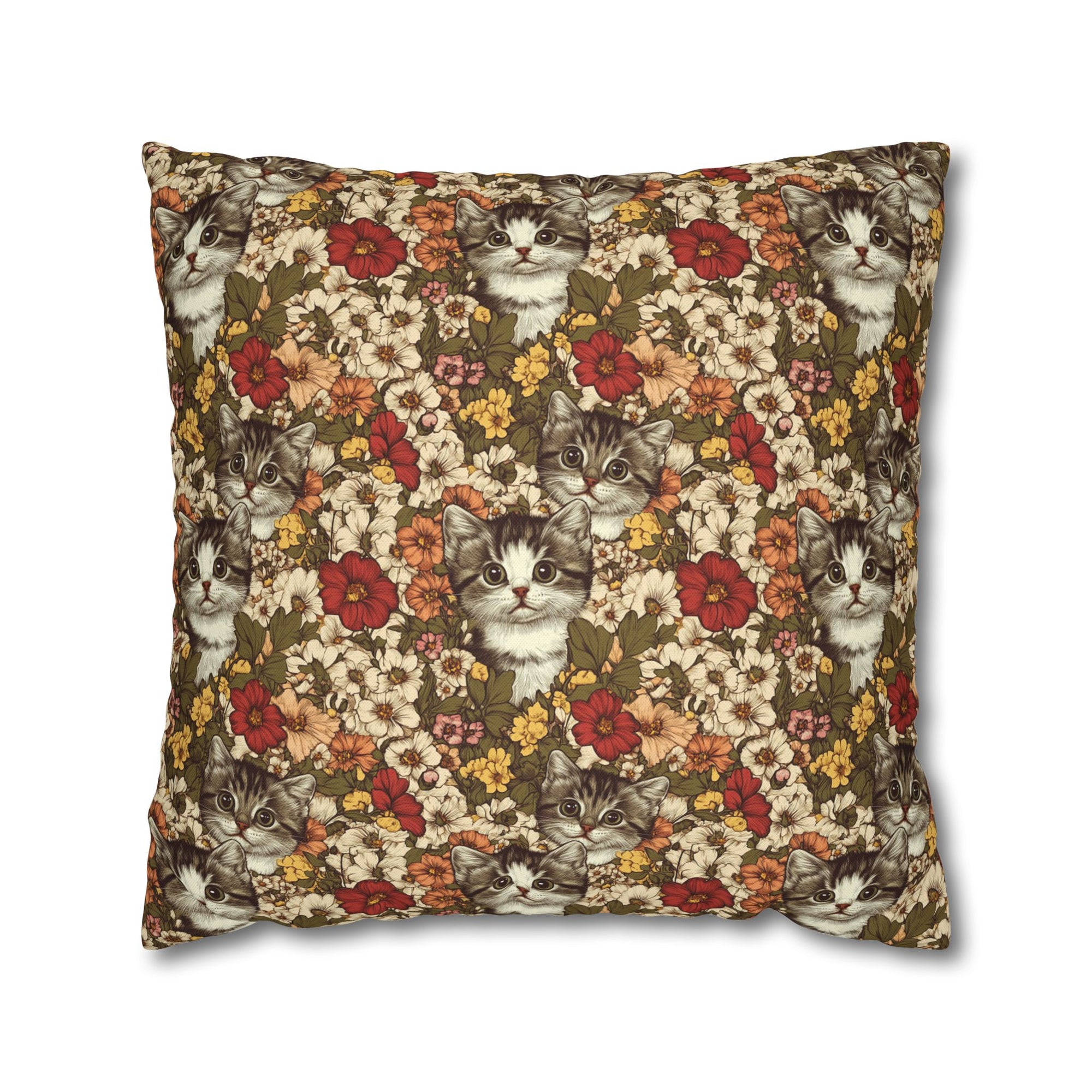 Square Pillowcase - Grey Tabby Kittens in a Garden of Red, Peach, and Yellow Flowers, Soft Vintage Style